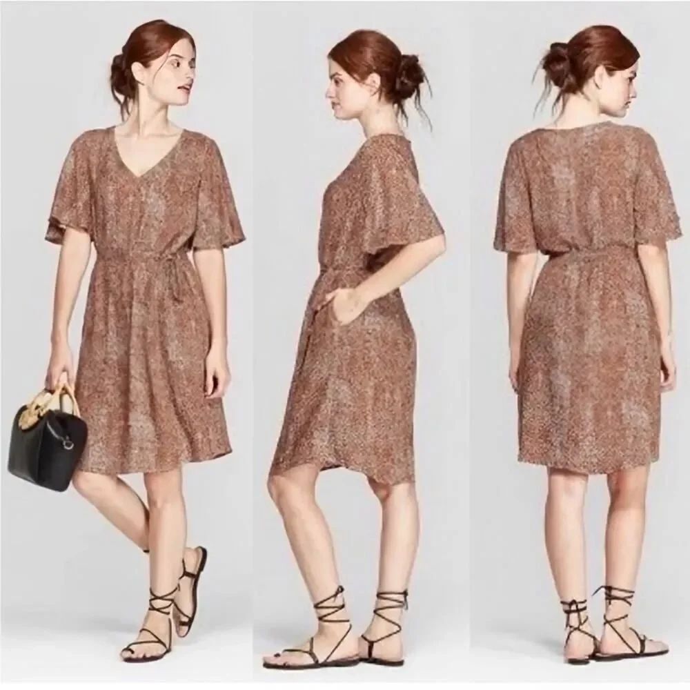 A New Day snake print V-neck tie waist woven dress sz XL